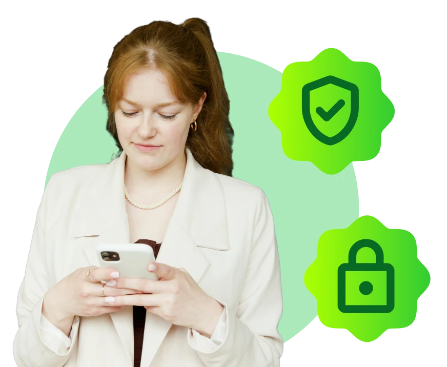 A professional checking her phone, with security shield and lock badges